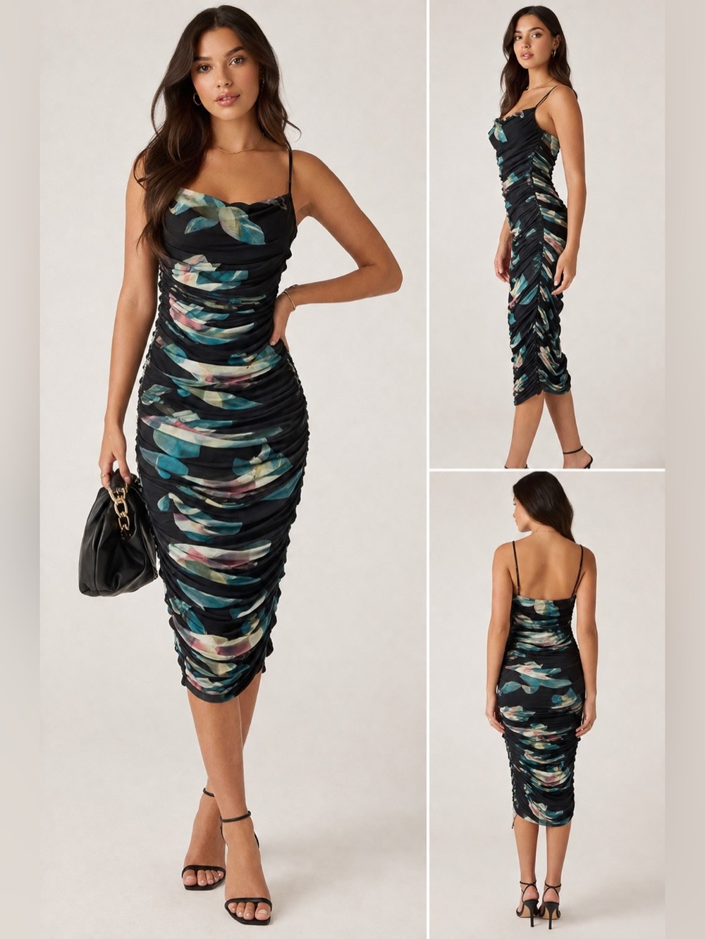Le Château Ruched Floral Mesh Cowl Neck Midi Bodycon Dress Black